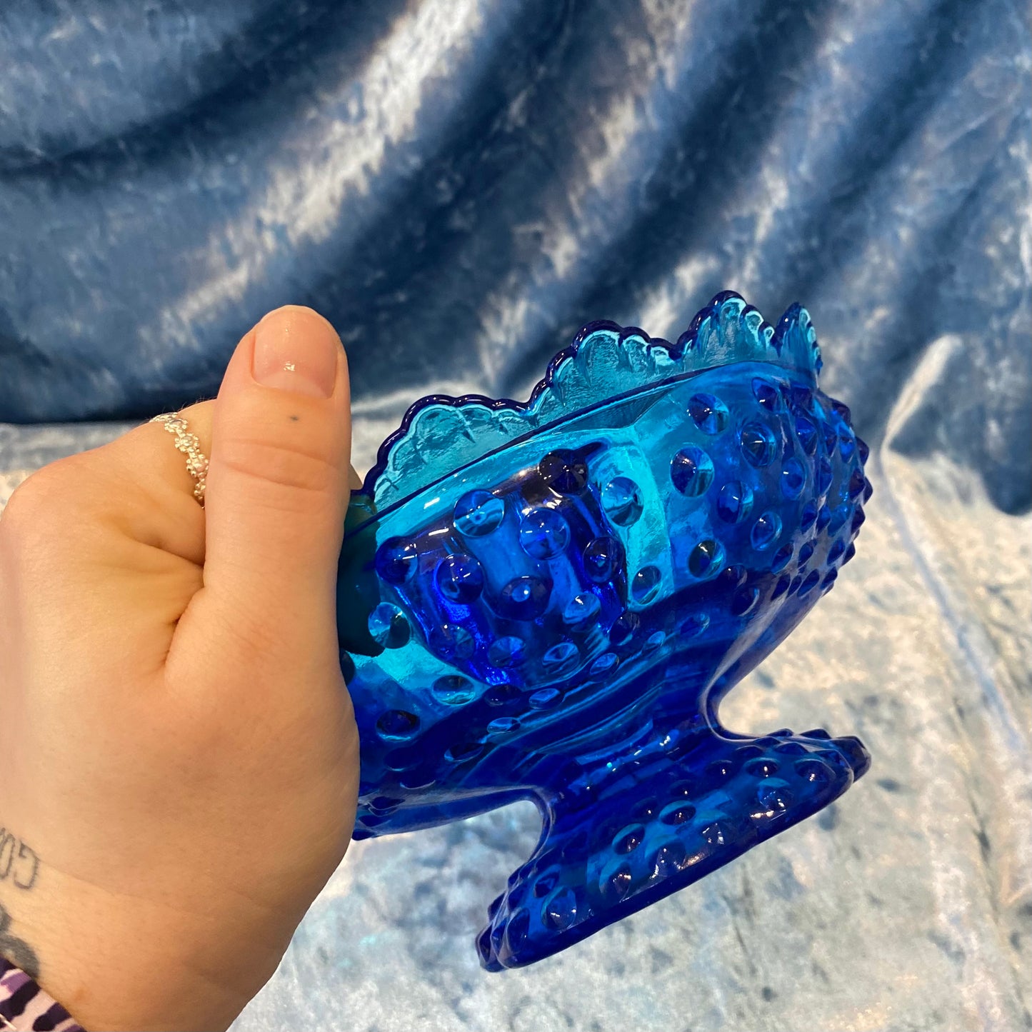 Vintage Epic Blue Fenton Hobnail Candle Ring Glass Bowl