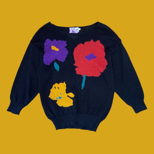 Bold Floral Light Knit Black Sweater (M-XL)