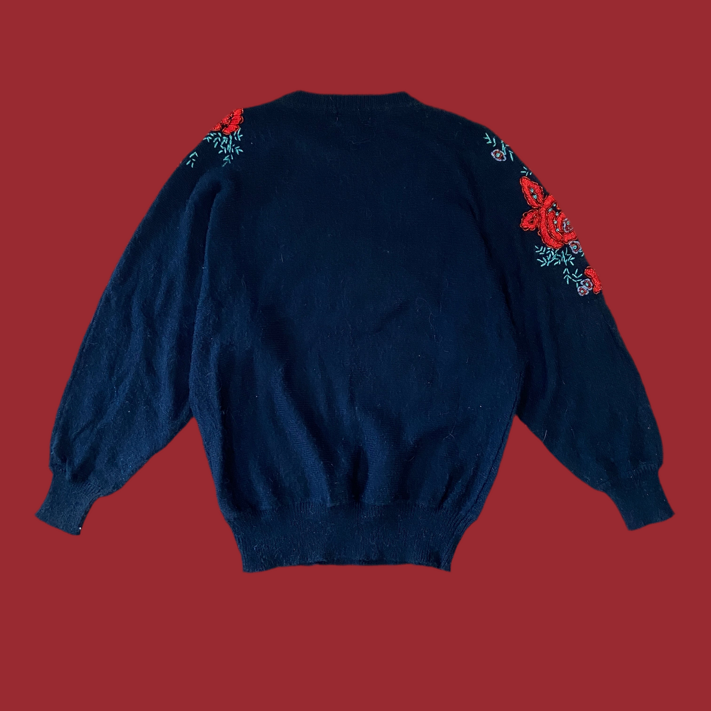 Beaded Embroidered Rose Black Sweater (M)