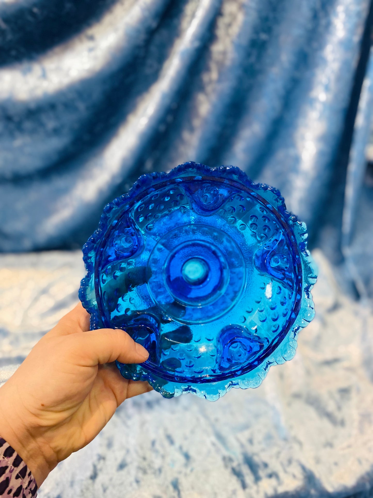 Vintage Epic Blue Fenton Hobnail Candle Ring Glass Bowl