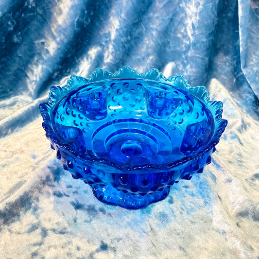 Vintage Epic Blue Fenton Hobnail Candle Ring Glass Bowl