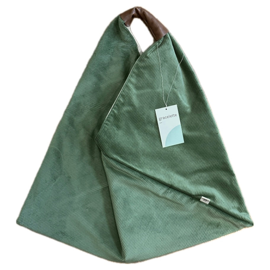 Green Corduroy Triangle Totebag by Gracelette Texiles