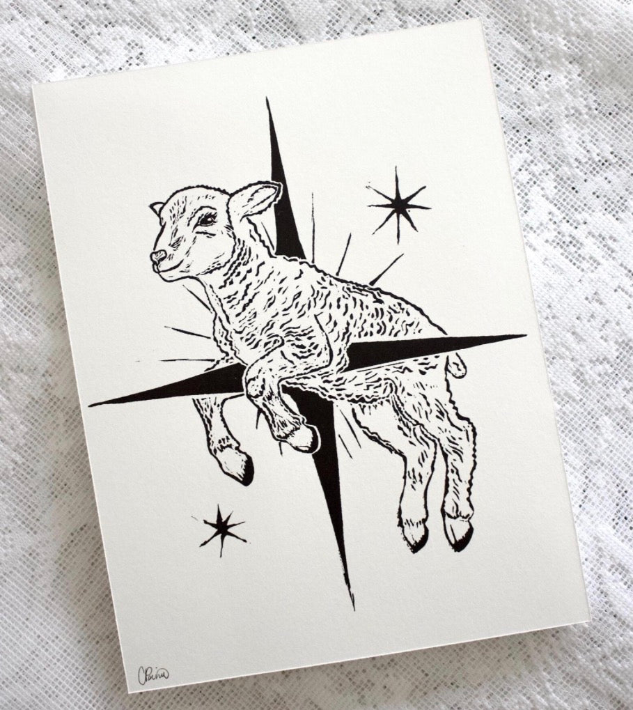 Little Lamb Linocut Print by Rennie Prints