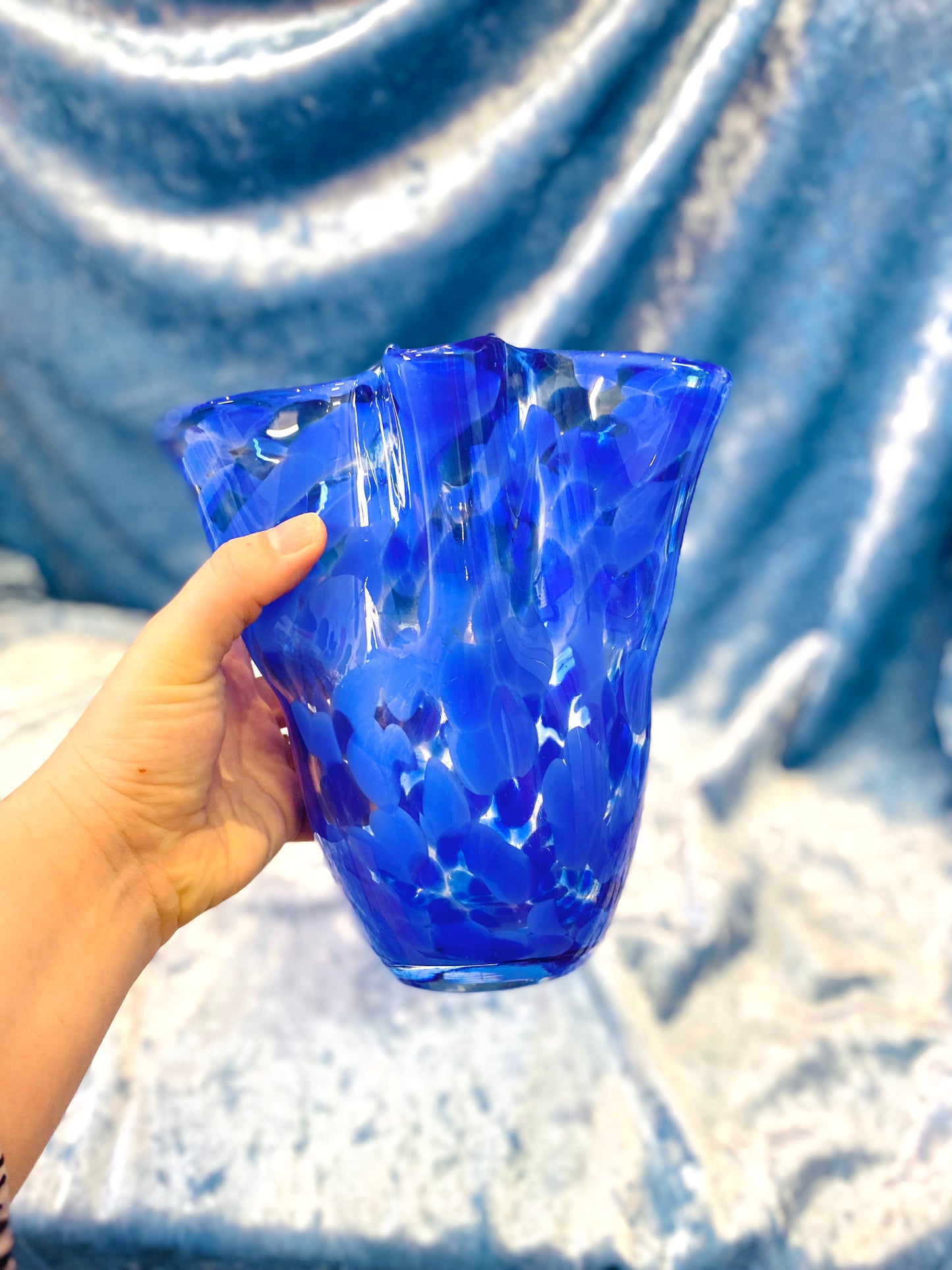 Hand-Blown Glass Vase - Blue Splatter Design