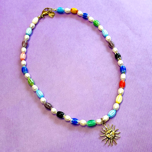 Sun Charm Beaded Pearl Necklace