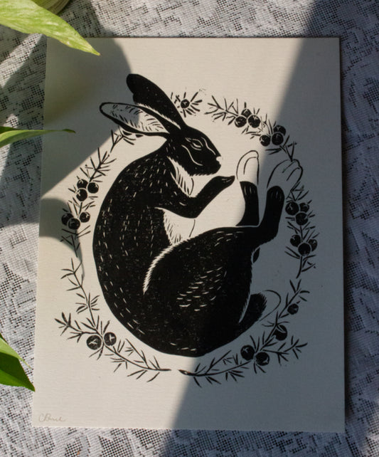Lapin / Rabbit Linocut Print by Rennie Prints