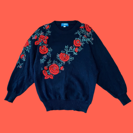 Beaded Embroidered  Rose Black Sweater (M)
