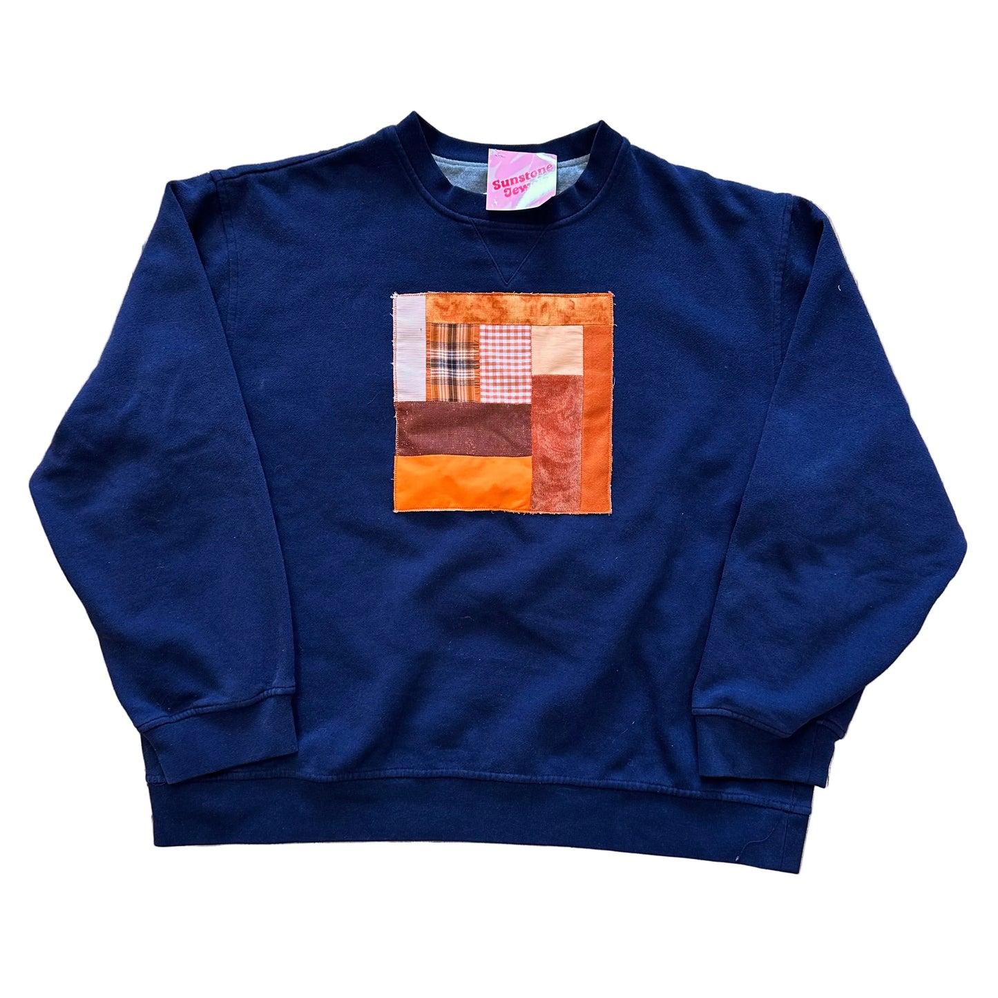 Patchwork Quilt Appliqué Crewneck Sweater (L)