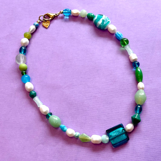 Blue & Green Beaded Pearl Necklace