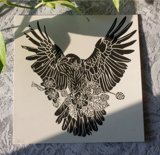 Raven Linocut Print by Rennie Prints