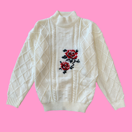 Cream Knit Rose Sweater (M)