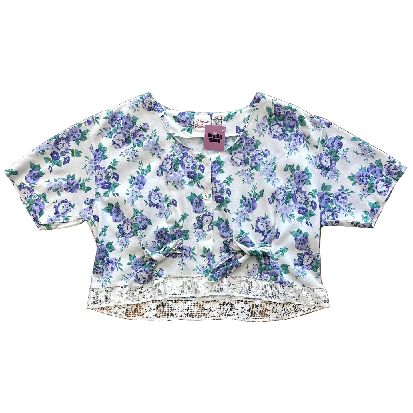 80s Floral Lace Trim Crop Top (M)