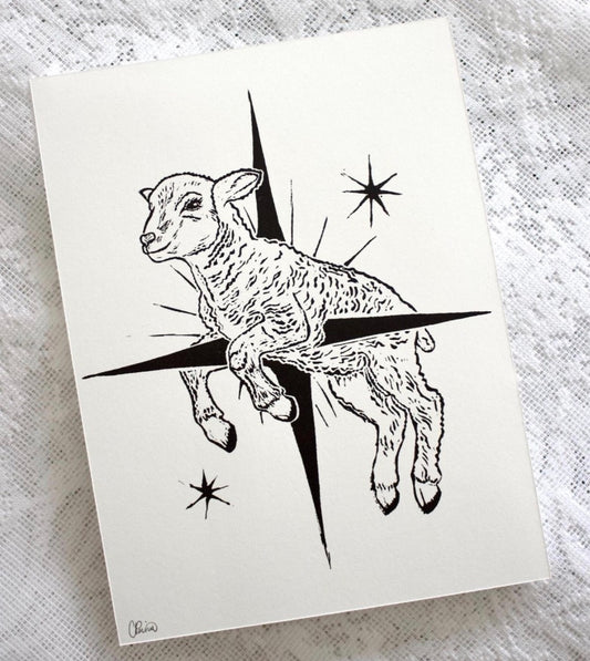 Little Lamb Linocut Print by Rennie Prints