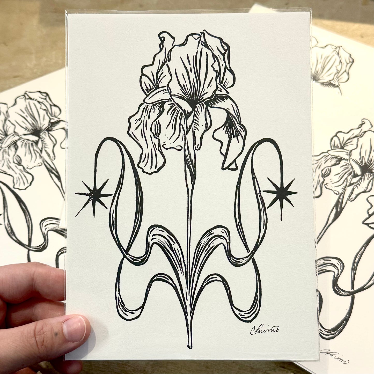 Iris Linocut Print by Rennie Prints