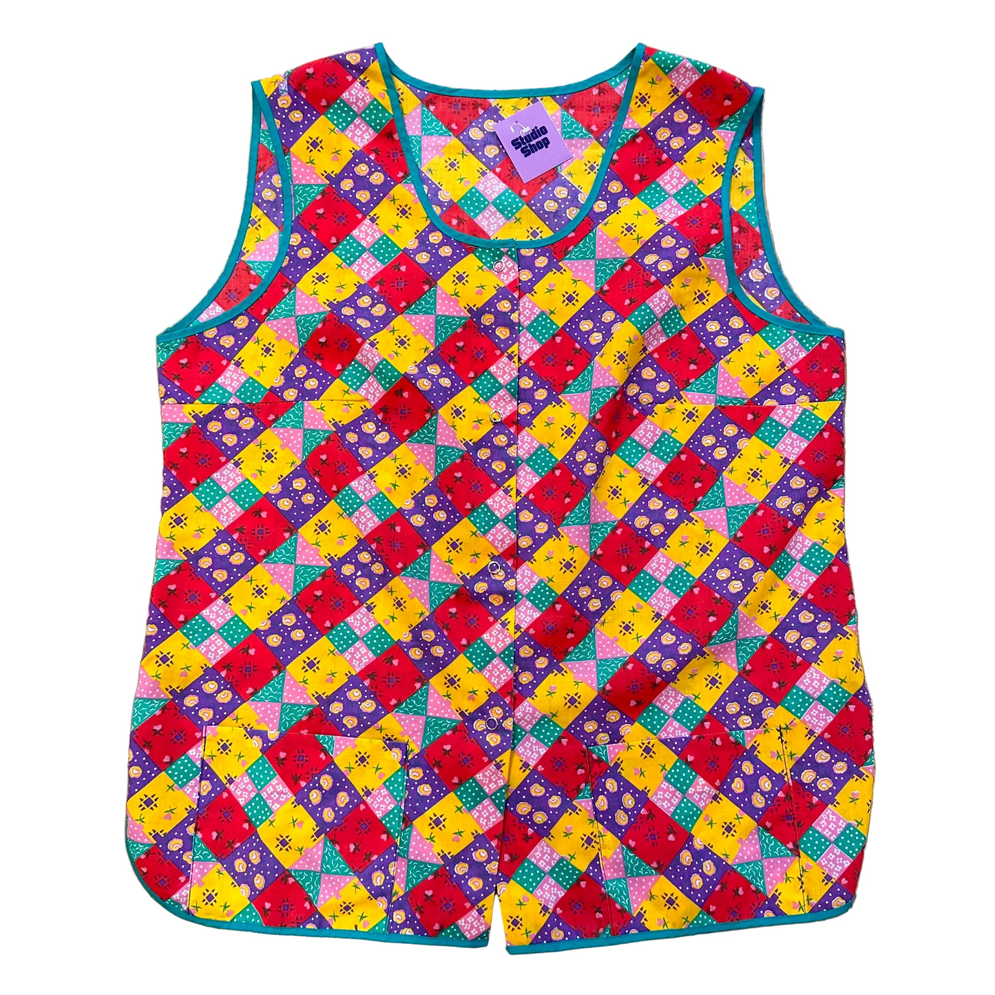 80s Gingham Quilt Pattern Apron Top (L)