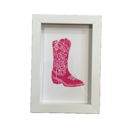 Framed Cowboy Boot Lino Print By Jordyn Stewart